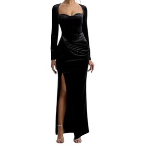 Club L London Black Satin Long Sleeve Square Neck Twist Front Maxi Dress UK 10